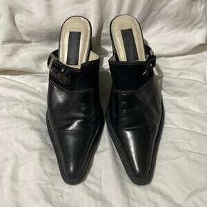 David Aaron 8 black leather heeled slip on slide one mule white stitching guc